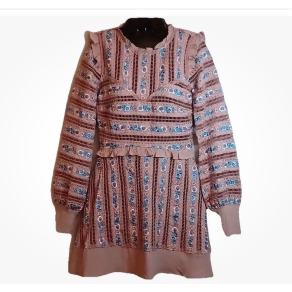 For Love & Lemons Pink Persephone Floral Longsleeve Embroidered Dress XSP $405 - Picture 4 of 9